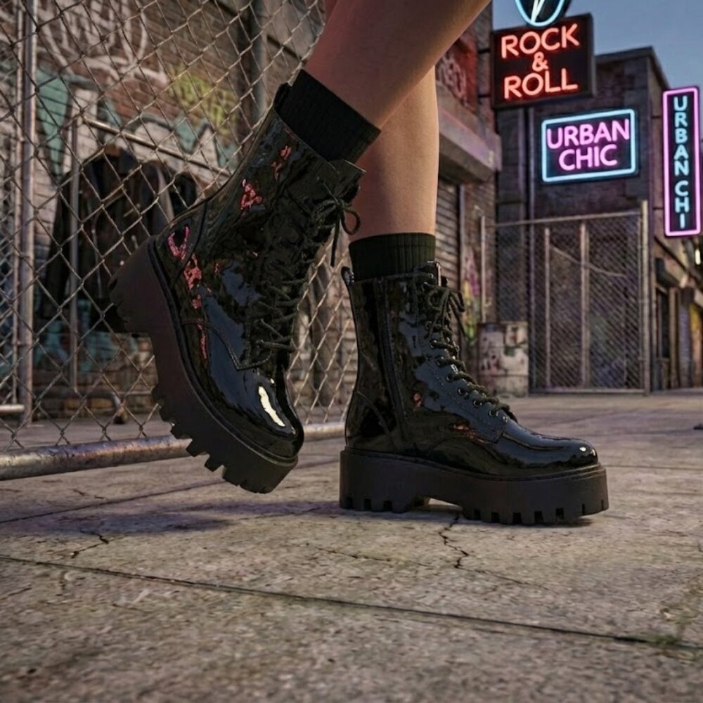 NWT Bamboo Black Patent Chunky Platform Combat Boots | 2.5" Lug Sole